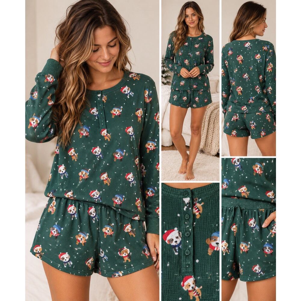 Arizona Body Women’s XS Christmas Dog Pajama Set Green Waffle Knit Henley Shorts